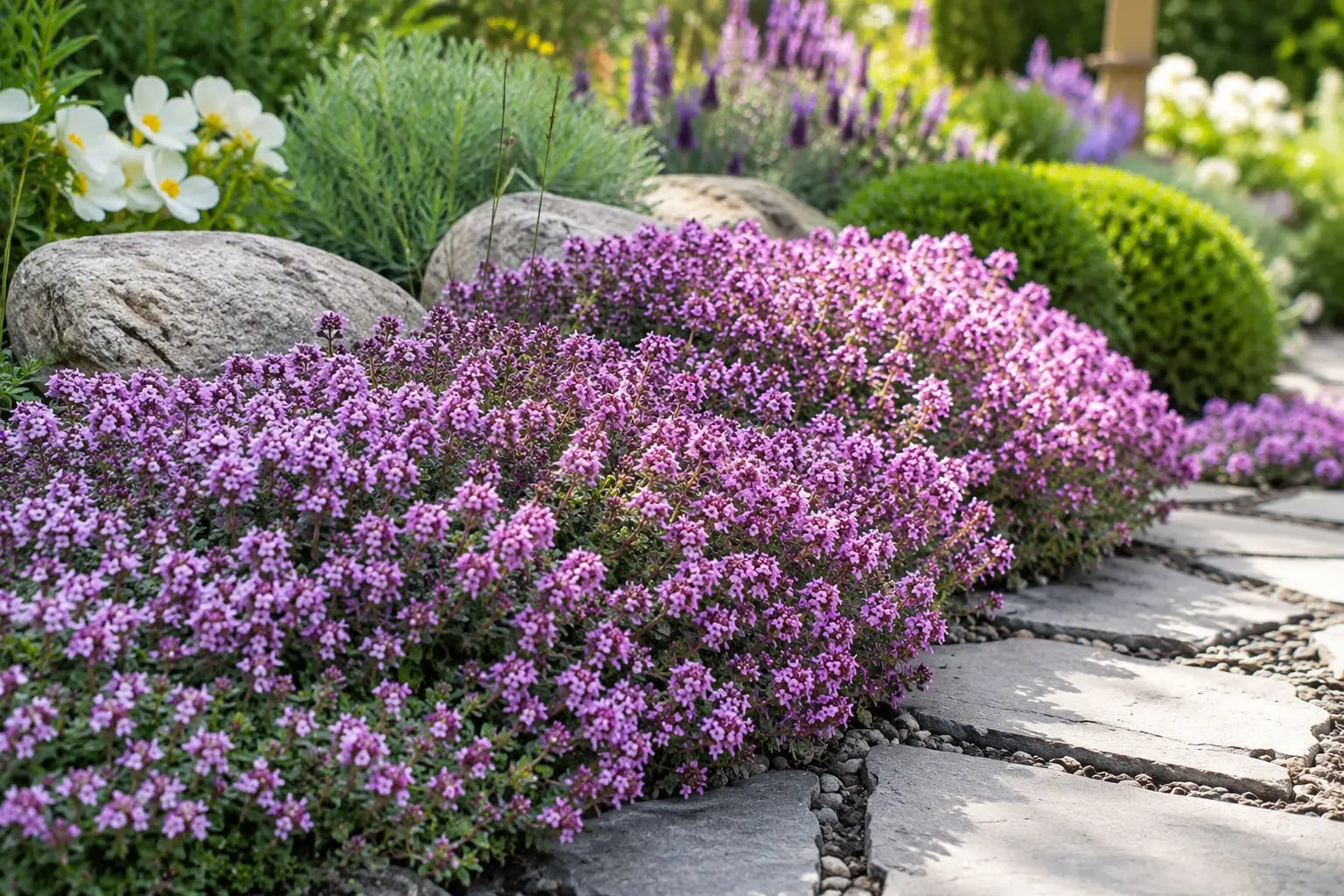 Frühblühender Thymian mit rosa Blütenteppich als bienenfreundlicher Bodendecker im Steingarten