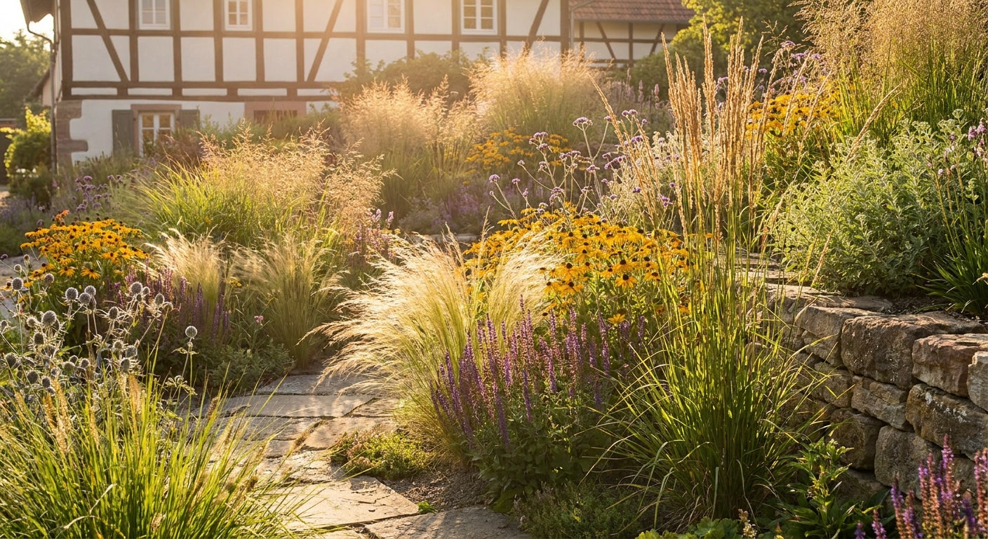 A sun-drenched drought-tolerant perennial border with ornamental grasses and flowering perennials glowing in warm golden-hour light.