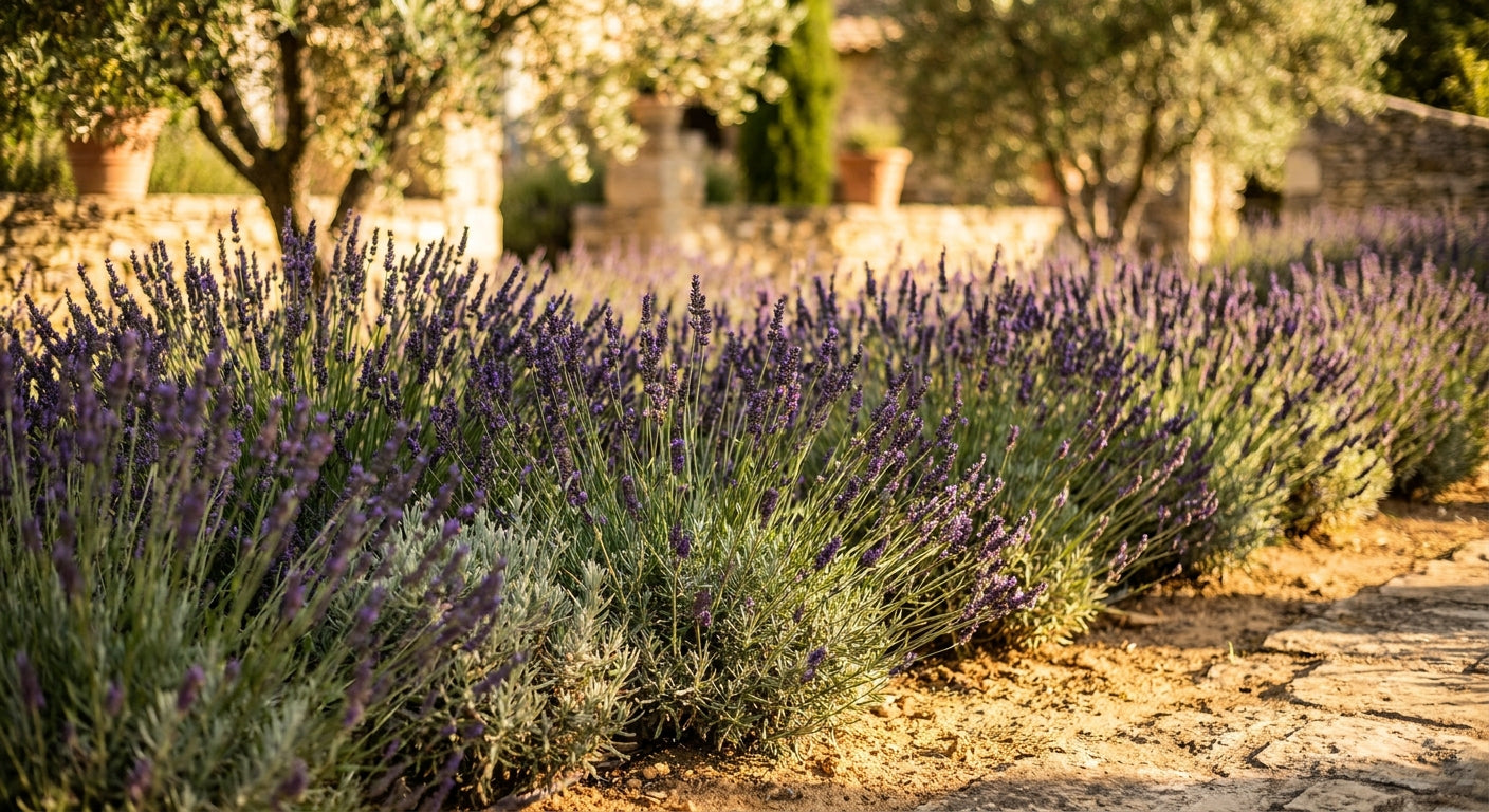 Rows of fully blooming lavender plants bathed in warm afternoon sunlight in a well-tended garden, evoking a Provençal landscape.