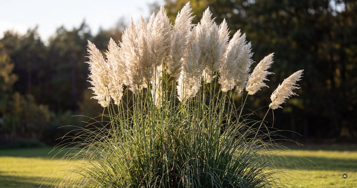 Grosses weisses Pampasgras als Solitaer im Herbstgarten mit cremeweissen Federrispen im Abendlicht