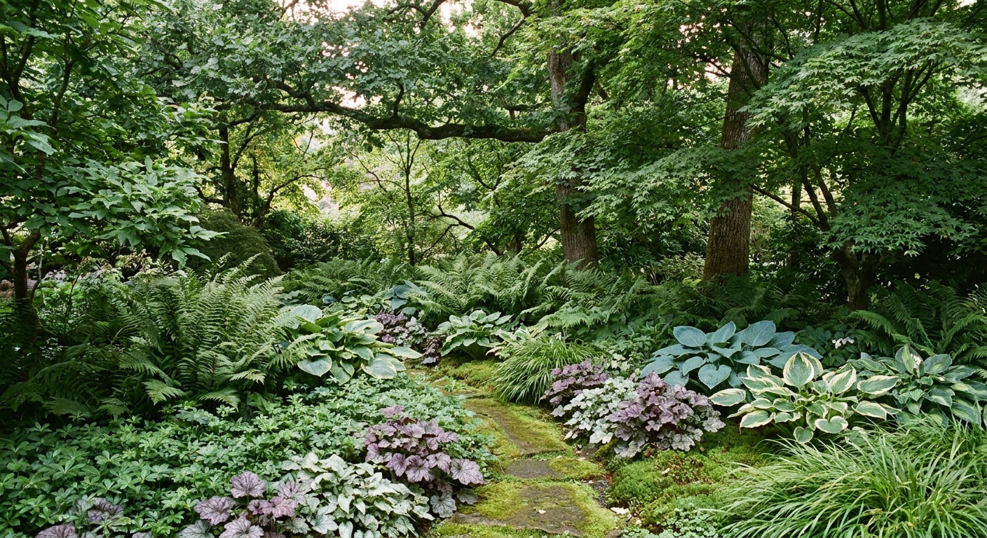 A lush shaded garden bed filled with layered ferns, hostas, and ground cover plants bathed in soft dappled light filtering through a tree canopy above.