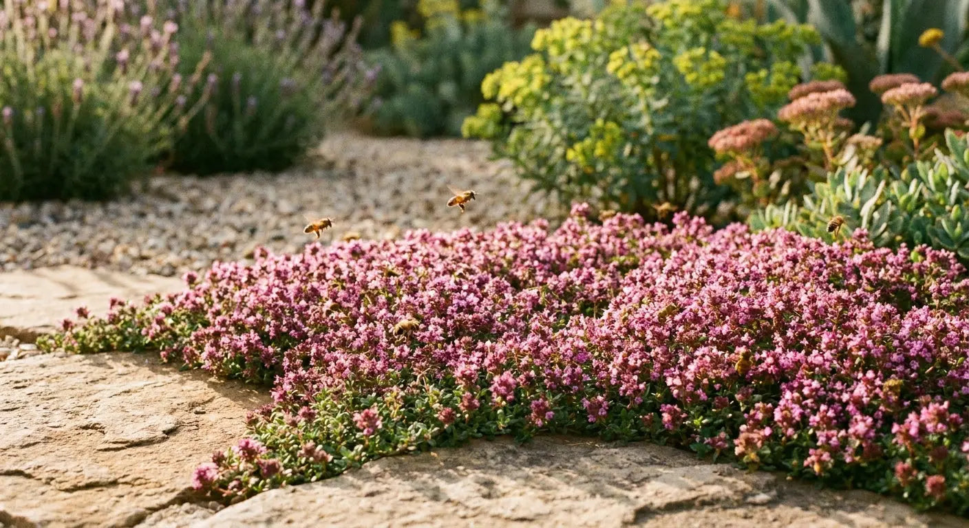 Thymus praecox als blühender Bodendecker mit rosa Blüten und Bienen zwischen Natursteinplatten