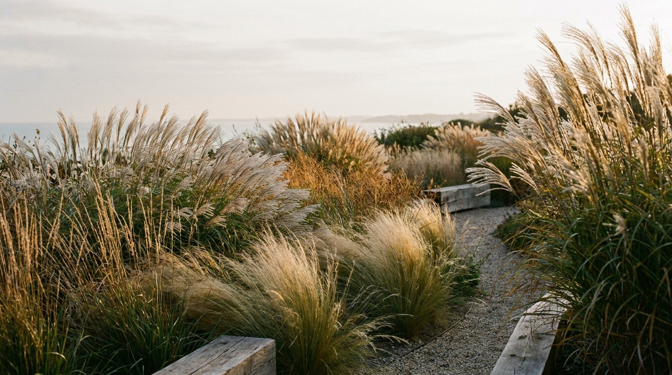 Tall ornamental grasses including Miscanthus and Stipa swaying in golden afternoon light in a naturalistic coastal garden setting.