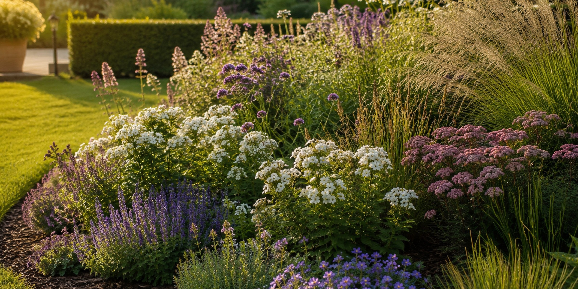 Dicht bepflanztes Staudenbeet im Hausgarten mit Phlox, Katzenminze, Fetthenne und Ziergräsern im Abendlicht