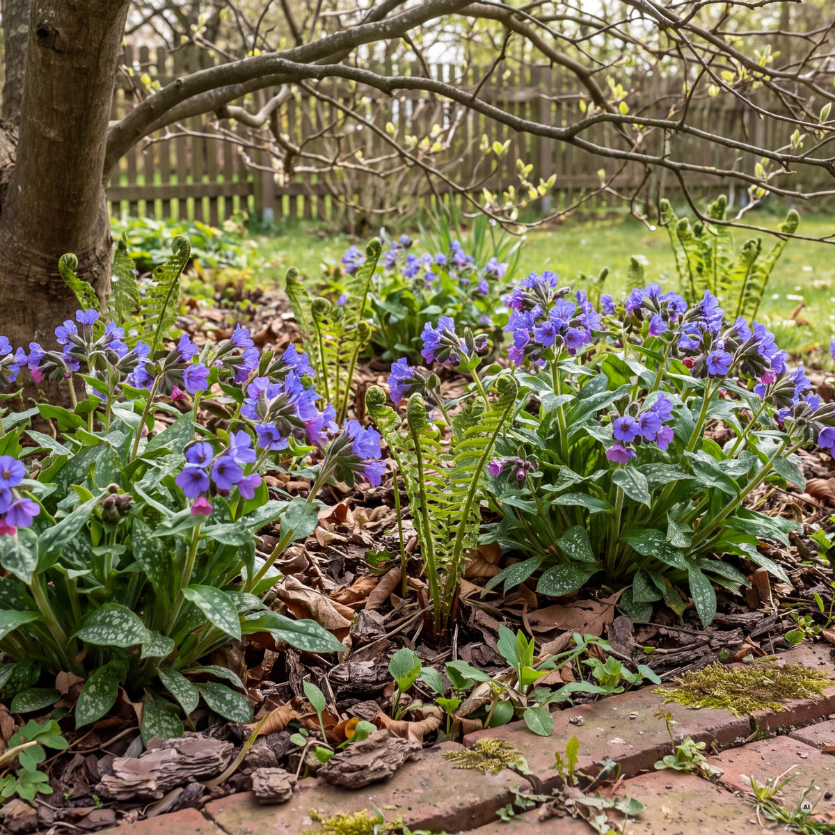 Pulmonaria 'Mona Blue' mit blauen Blüten im Schattenbeet im April