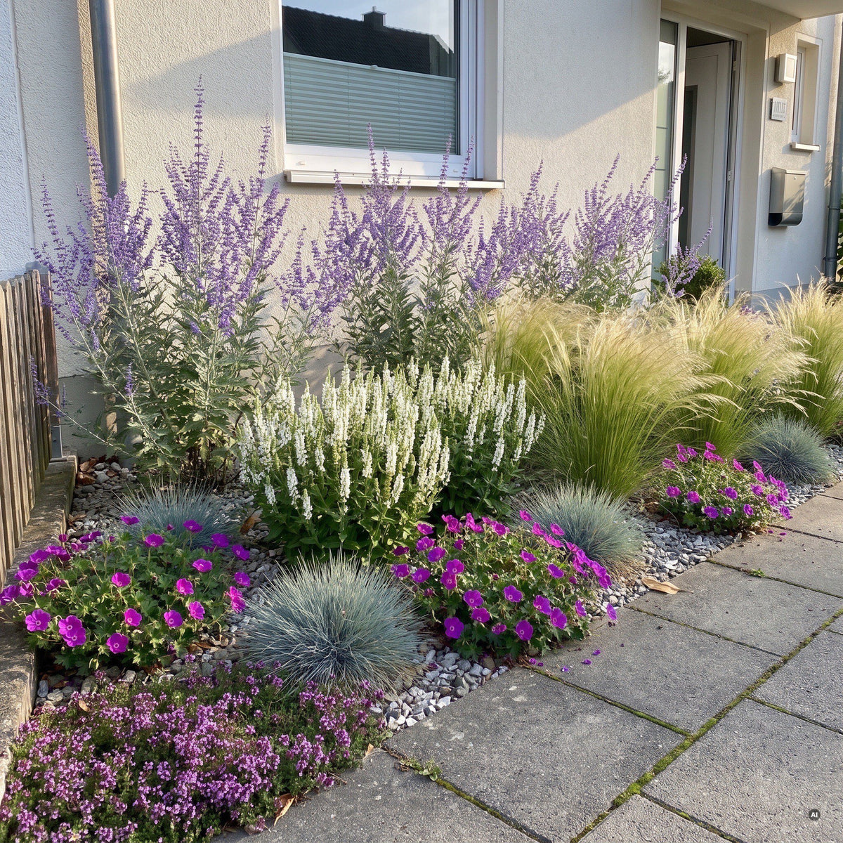 Vorgarten-Set im zweiten Sommer: Blauraute, weißer Steppensalbei, Federgras, Blut-Storchschnabel, Blauschwingel und Polsterthymian zwischen Hauswand und Plattenweg, mit Splitt gemulcht