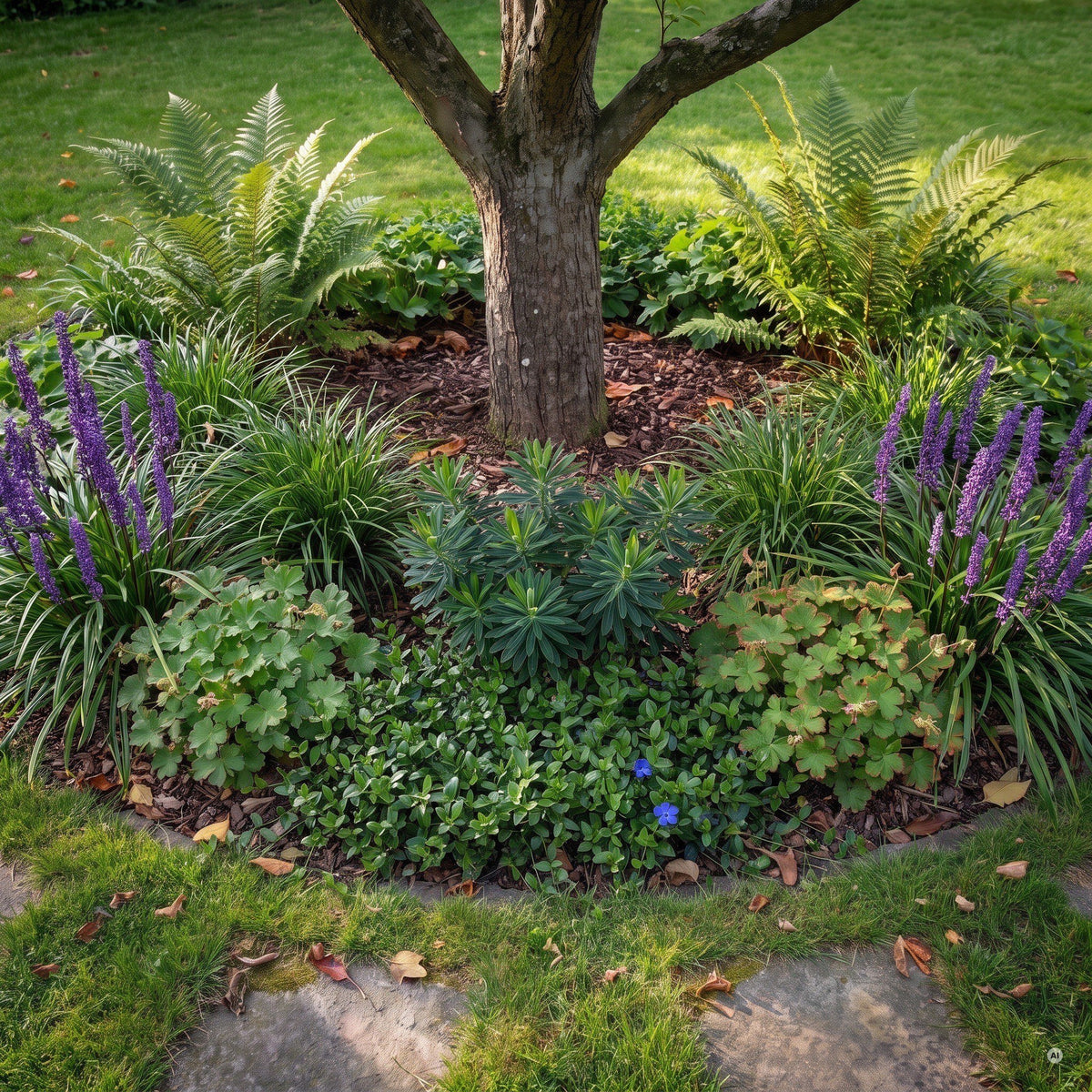 Baumscheibe im Spätsommer mit violett blühender Lilientraube 'Royal Purple' am Rand