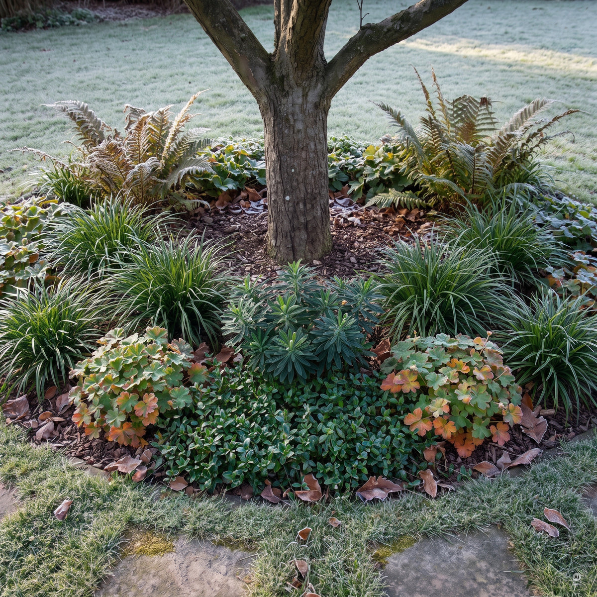 Baumscheiben-Set im Winter: immergrüne Decke aus Vinca, Wolfsmilch, Segge und Farn unter kahlem Baum