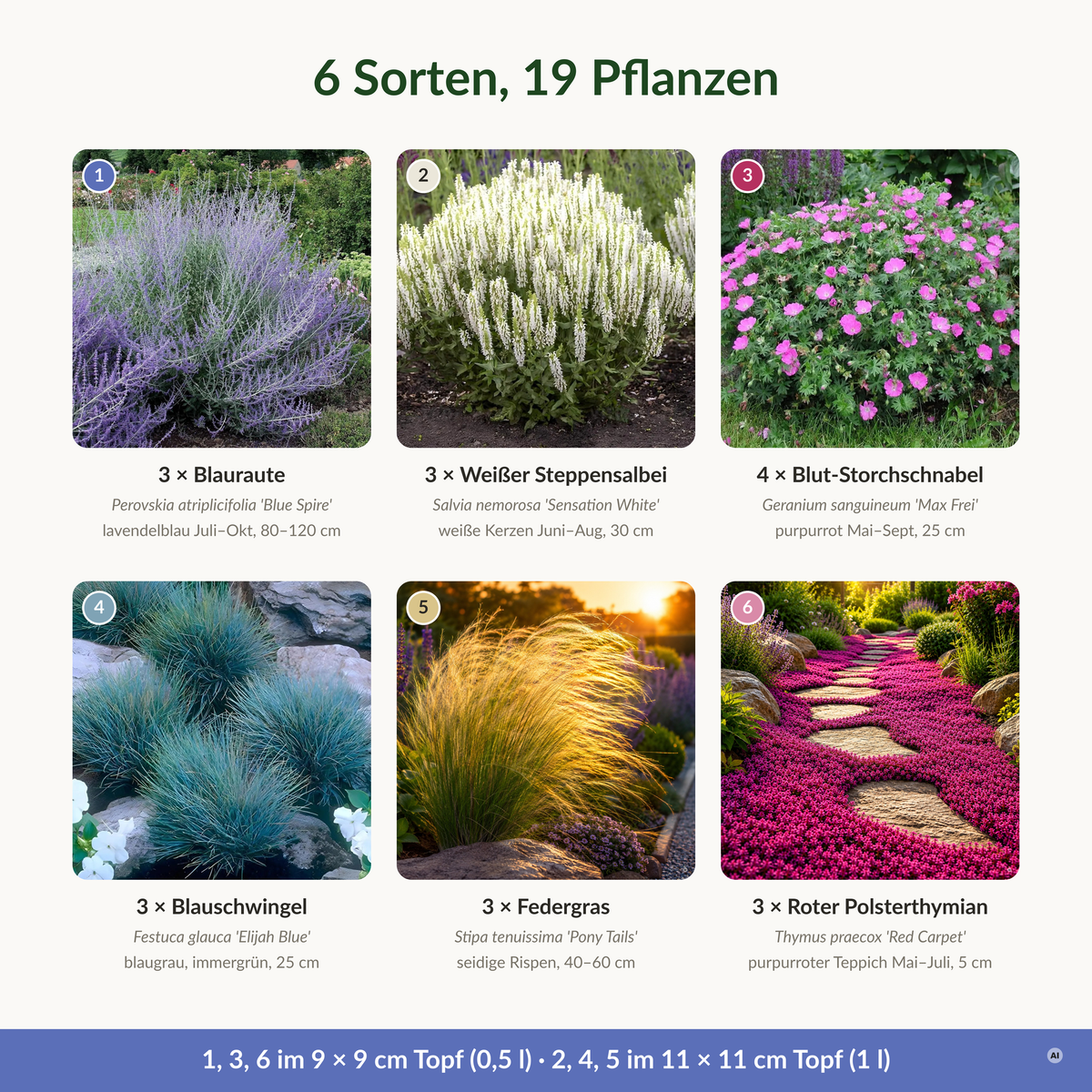 Die sechs Sorten des Vorgarten-Sets mit Stückzahl, Blütezeit und Topfgröße: Blauraute, Steppensalbei, Blut-Storchschnabel, Blauschwingel, Federgras, Polsterthymian