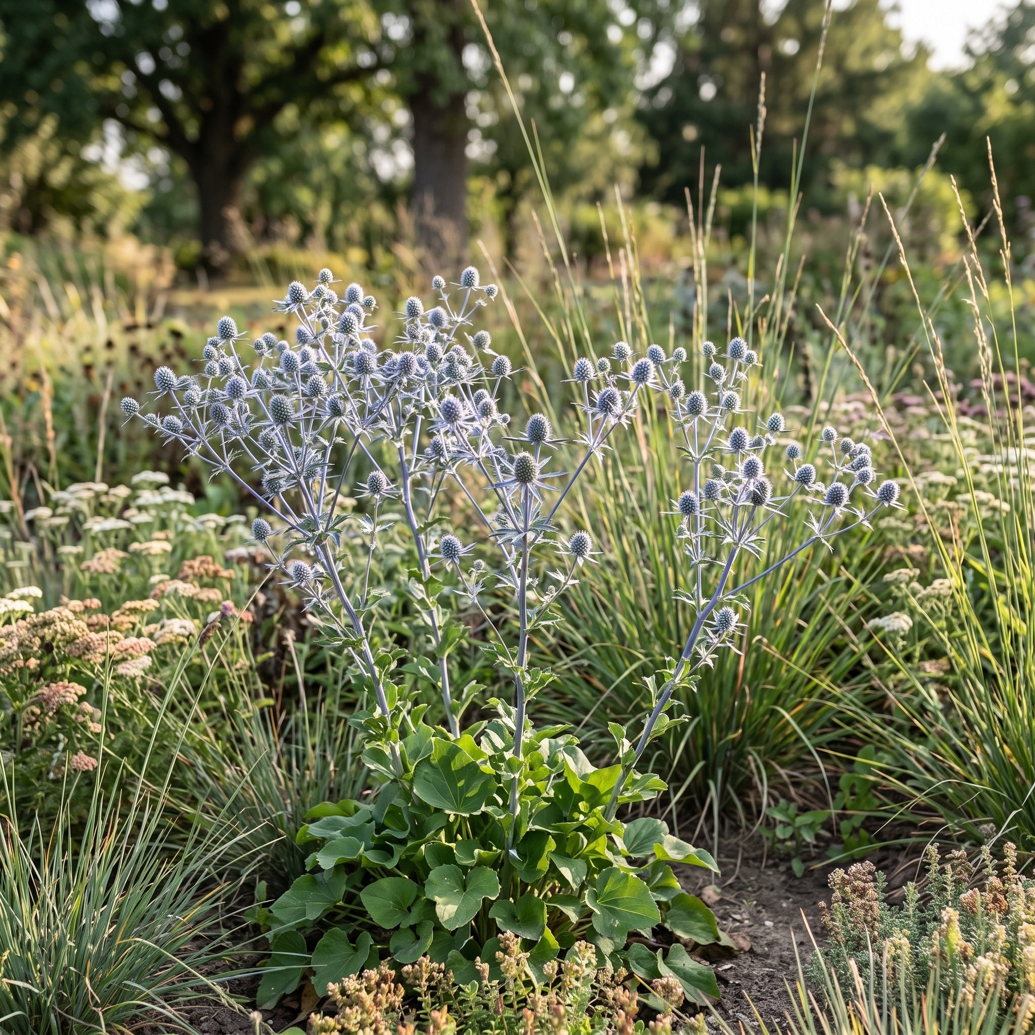 Eryngium planum als Solitär im Präriebeet zwischen Ziergräsern, seitliches Nachmittagslicht auf den silbrigen Hüllblättern