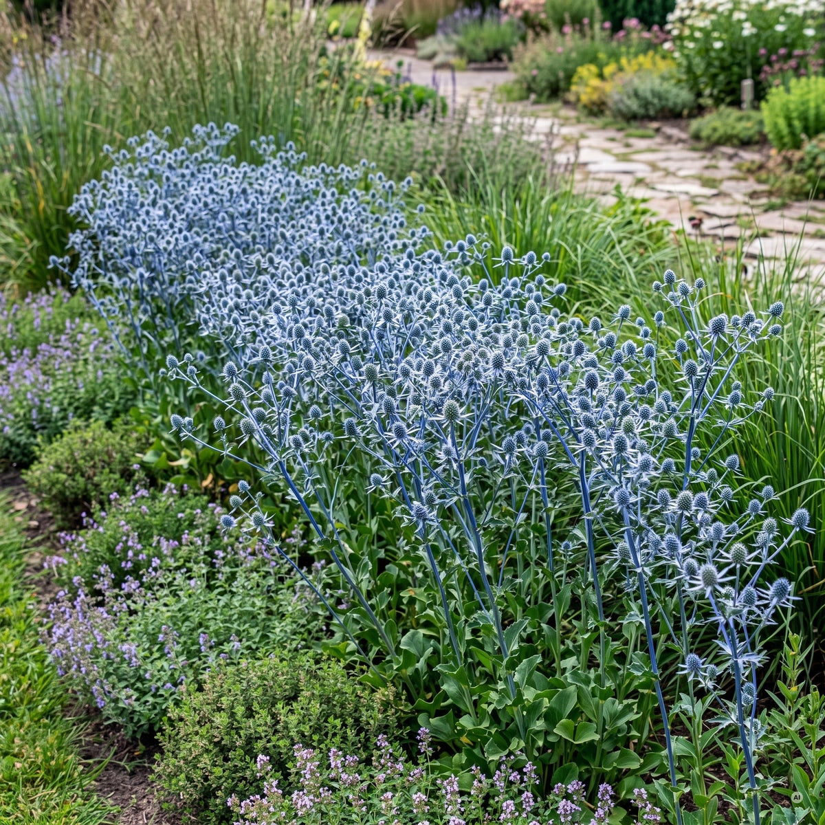 Eryngium planum zieht sich als stahlblaues Band durch ein sonniges Staudenbeet, Blick leicht von schräg oben