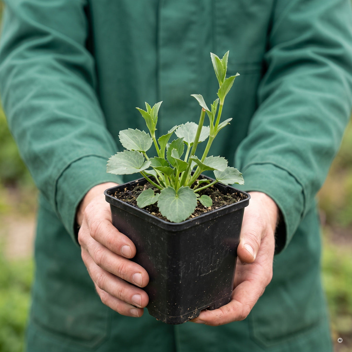 Zwei Hände halten den eckigen schwarzen 9 × 9 cm Topf mit einer kräftigen Jungpflanze von Eryngium planum