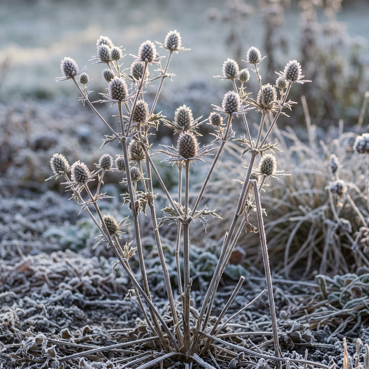 Samenstände von Eryngium planum mit Raureif überzogen an einem klaren Januarmorgen