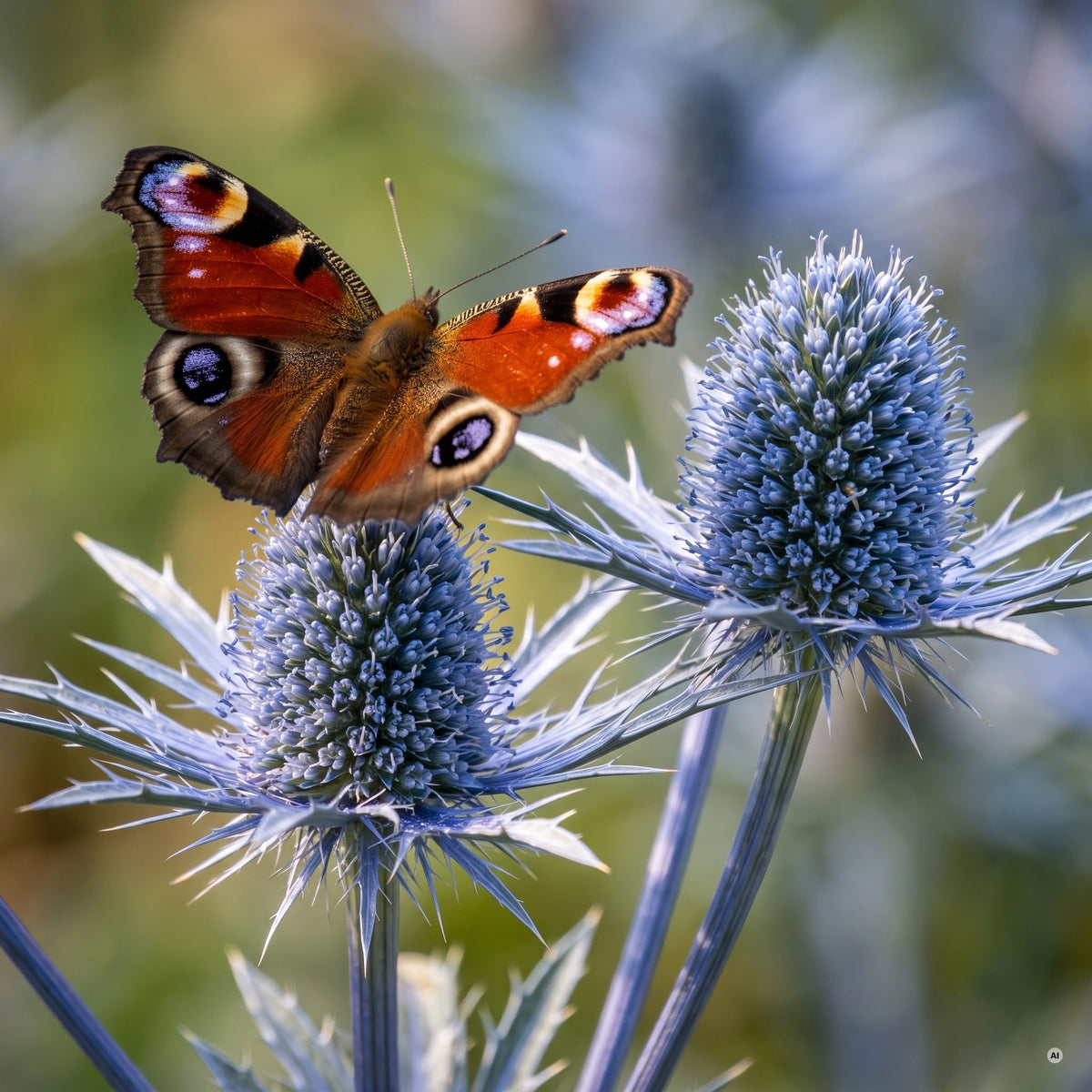 Makroaufnahme eines stahlblauen Blütenkopfs von Eryngium planum mit stachligem Hüllblattkranz, darauf ein Tagpfauenauge