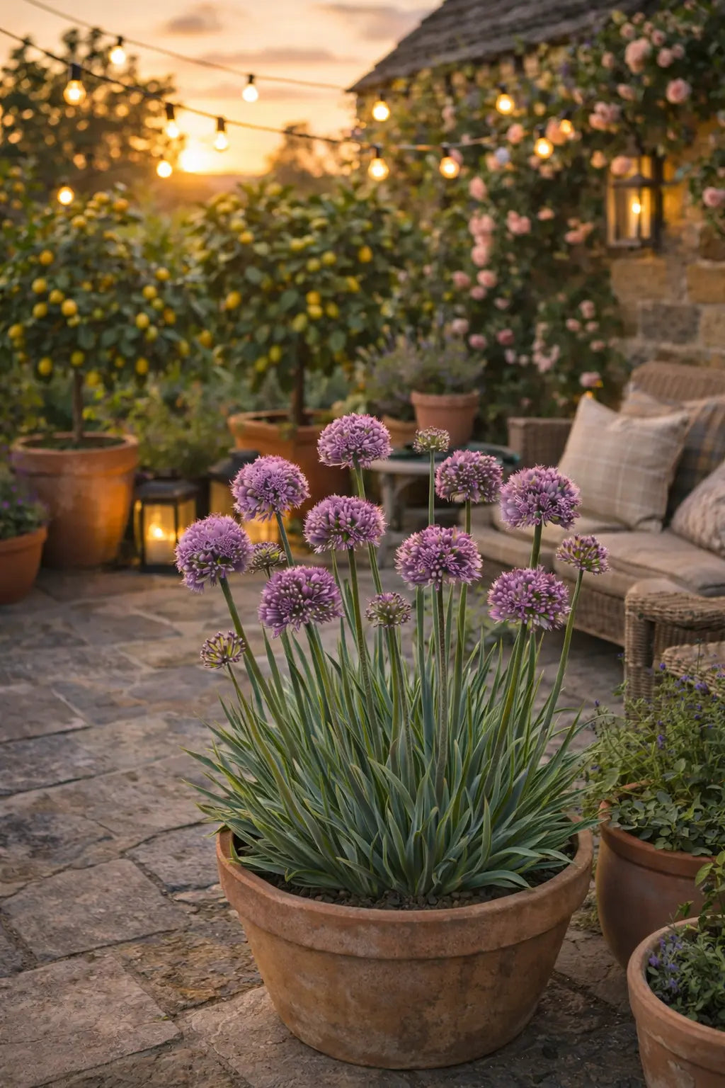 Blauer Allium ‚Little Sapphire‘ Zierlauch Staude mit blauen Blüten, wächst auf einer Gartenbalkon.