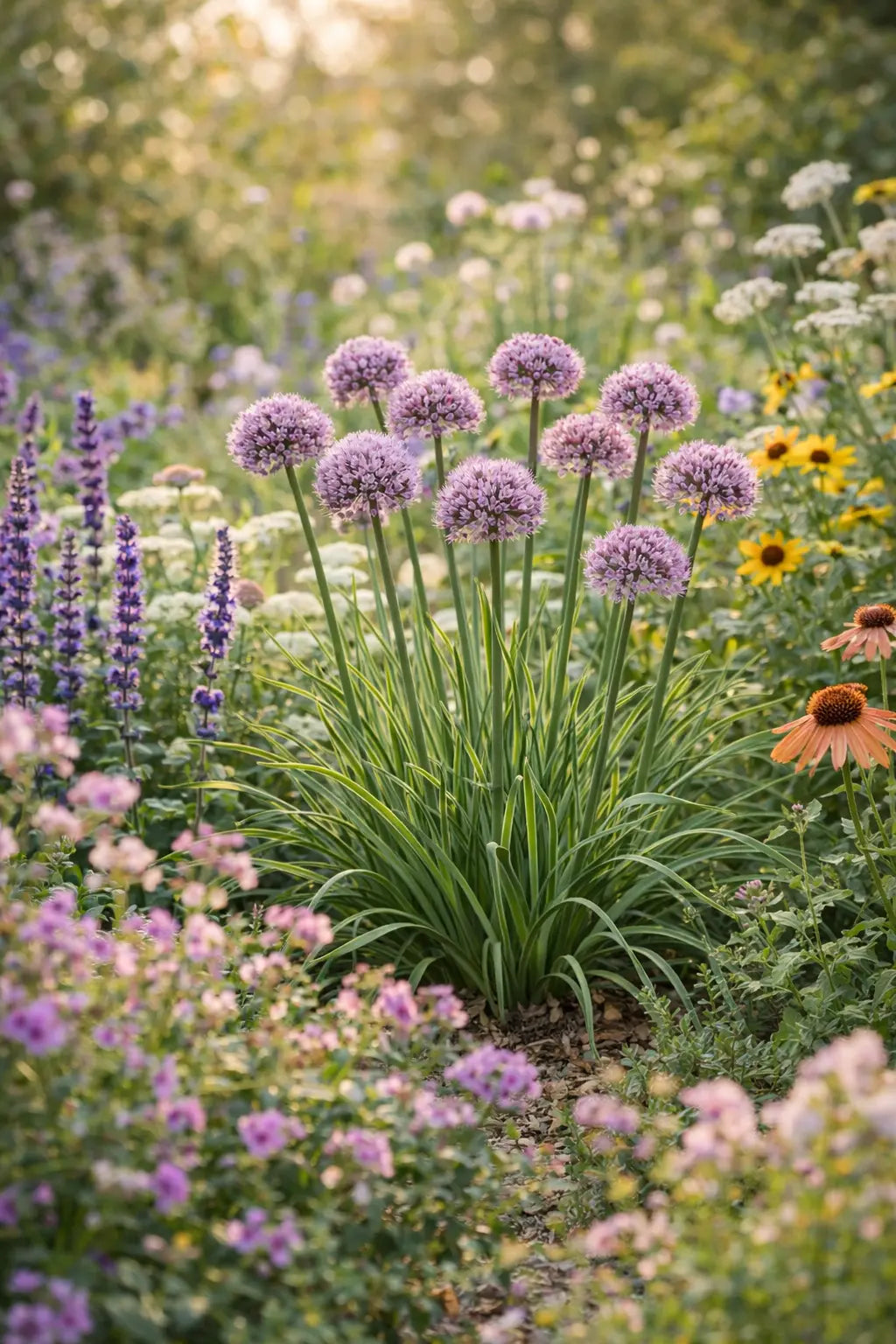 Blaue Allium ‚Little Sapphire‘ Zierlauch Staude mit langen Blütenstielen und kugeligen Blüten in einem Garten.