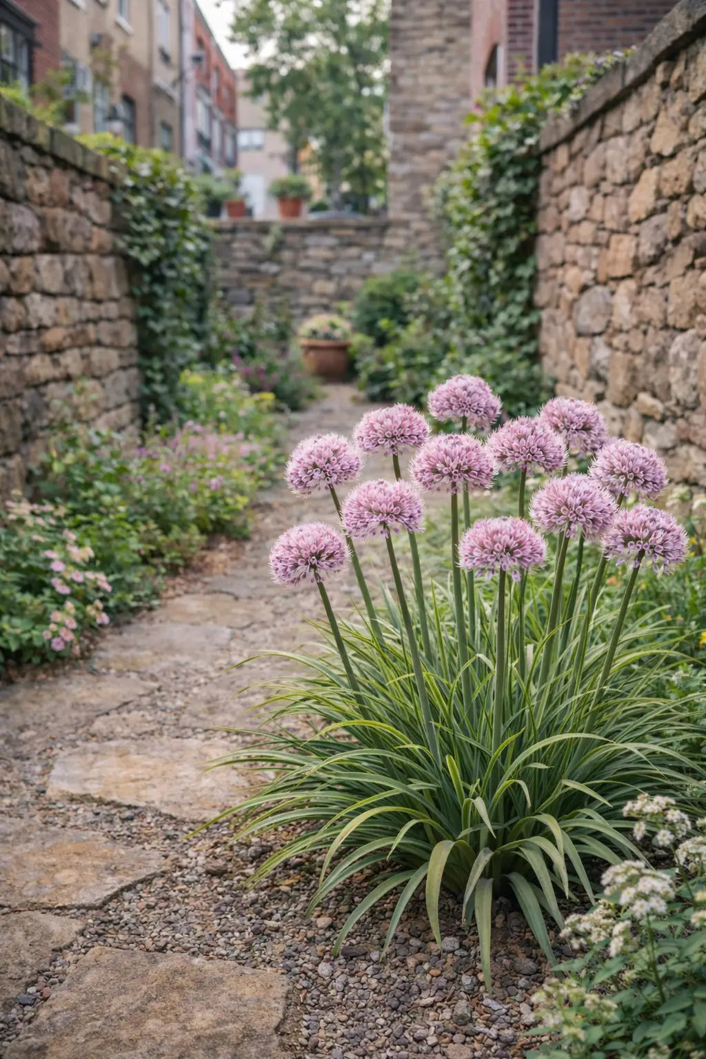 Bunte Allium ‚Little Sapphire’ Zierlauch Staude mit blauen Blüten, Stauden Gänge, im Garten fotografiert