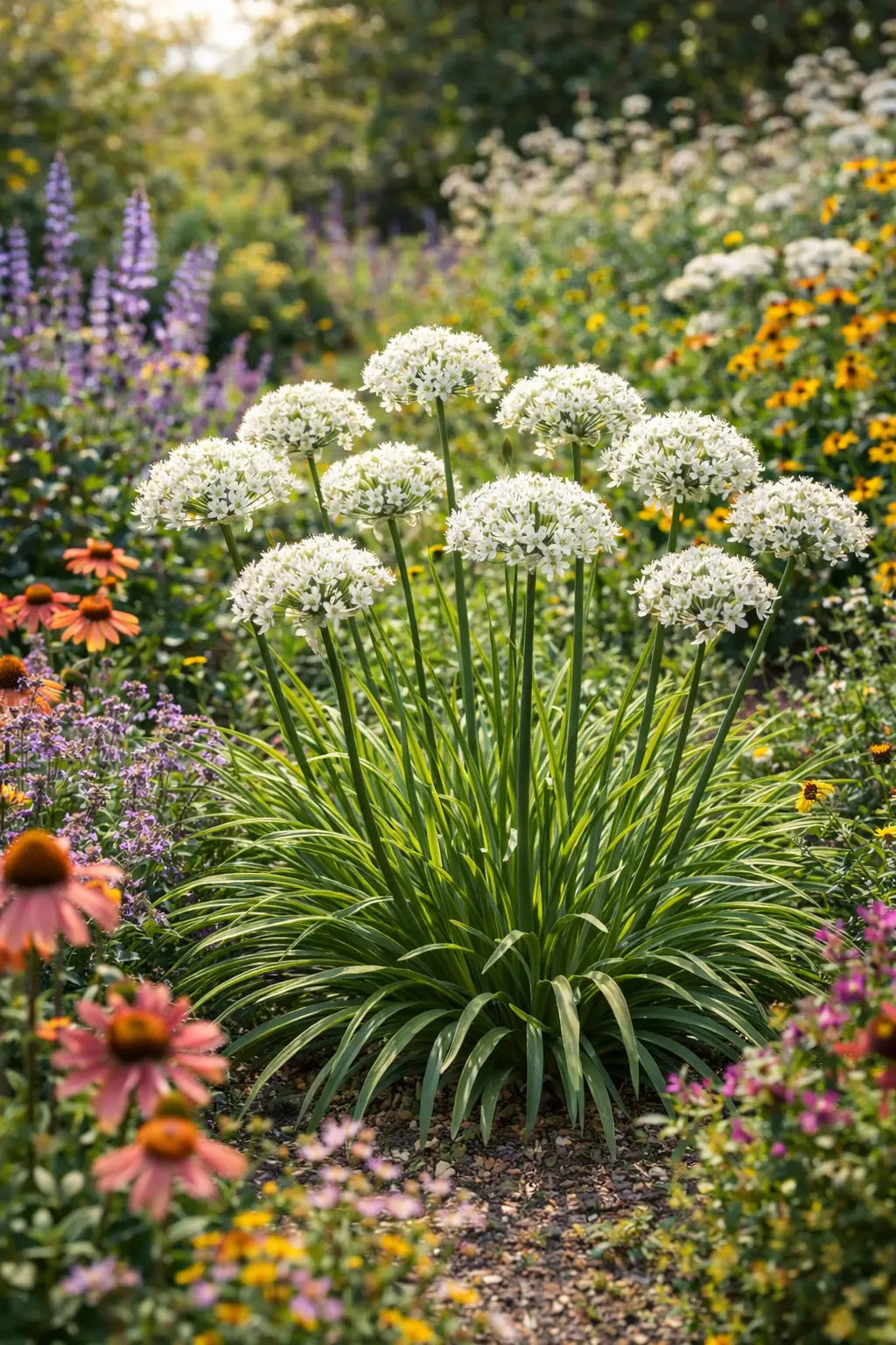 Zierlauch Allium 'Cliffs of Dover' Staude mit grünen, schmalen Blättern und weißen Blüten, von Stauden Gänge.