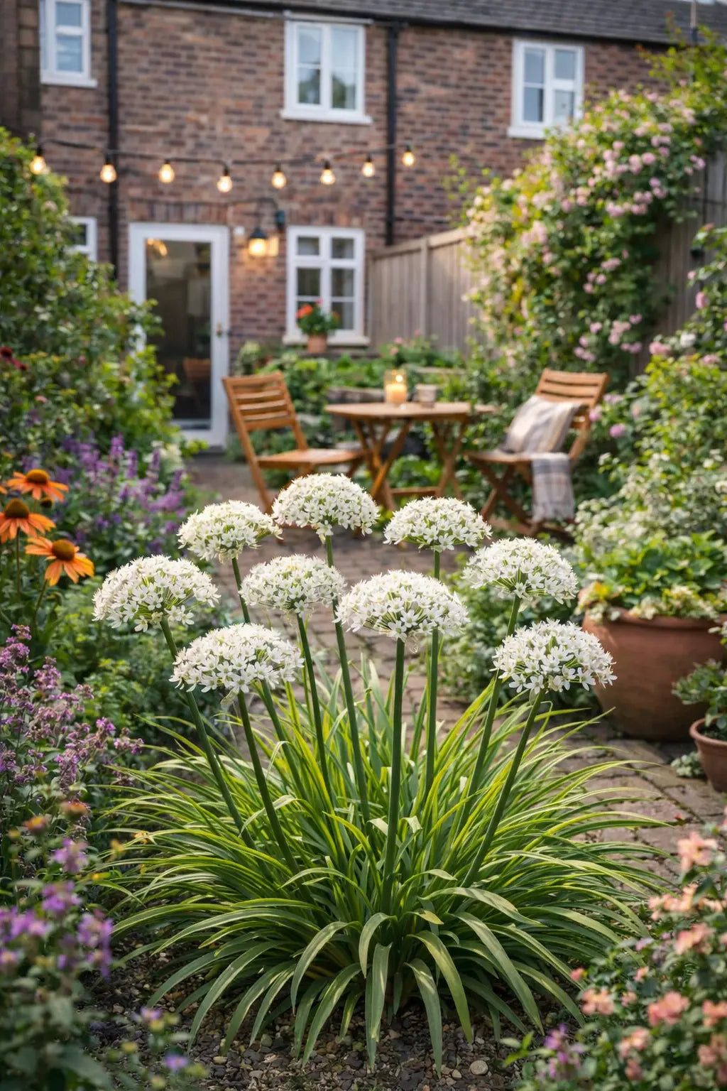 Blaue Allium 'Cliffs of Dover' Zierlauch Staude mit langen, schmalen Blättern und großen Blütenkugeln, Stauden Gänge.