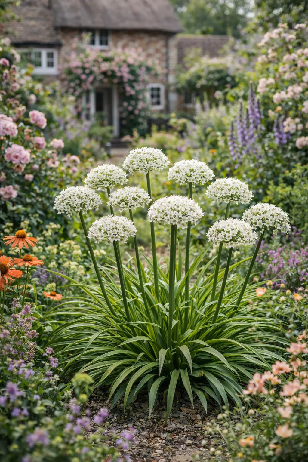 Bunte Allium 'Cliffs of Dover' Zierlauch Staude mit großen Blütenknospen, Stauden Gänge, in Gartenbeet.