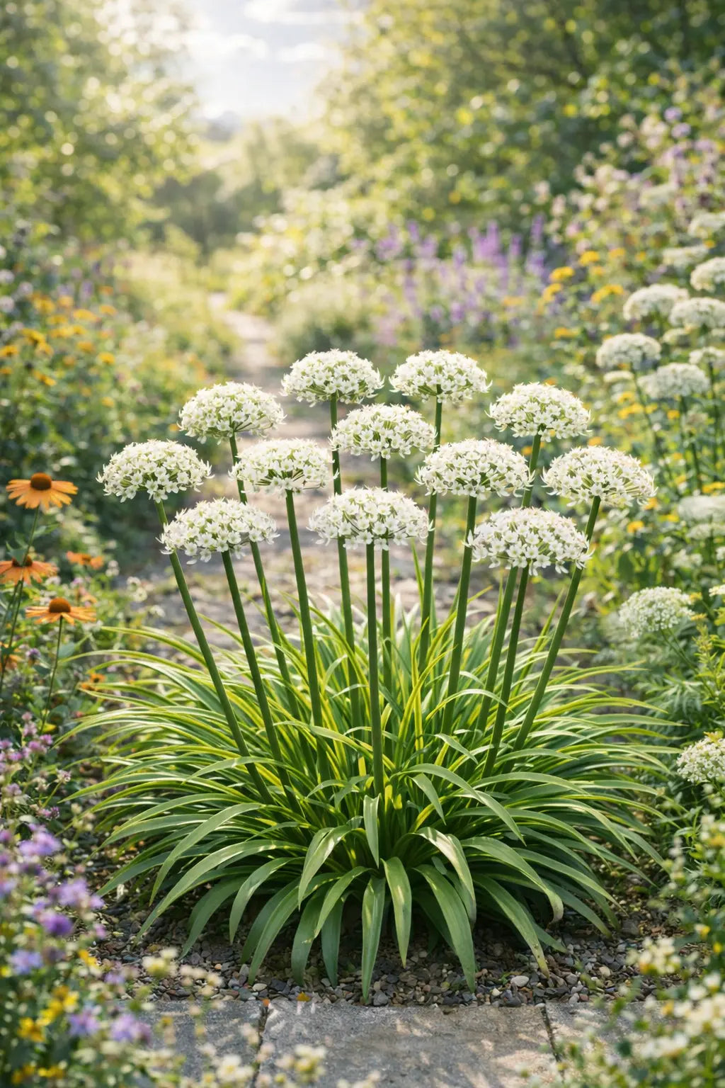 Bunte Allium 'Cliffs of Dover' Zierlauch Staude mit langen grünen Blättern und blühenden kugelrunden Blüten in natürlicher Umgebung