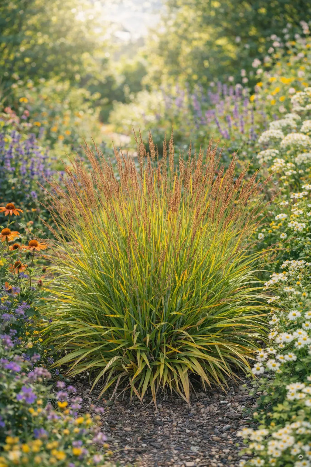 Niedriges Reitgras Calamagrostis splendens ‚Cheju-Do‘, Ziergras mit silbrigen, grazilen Halmen, von Stauden Gänge.