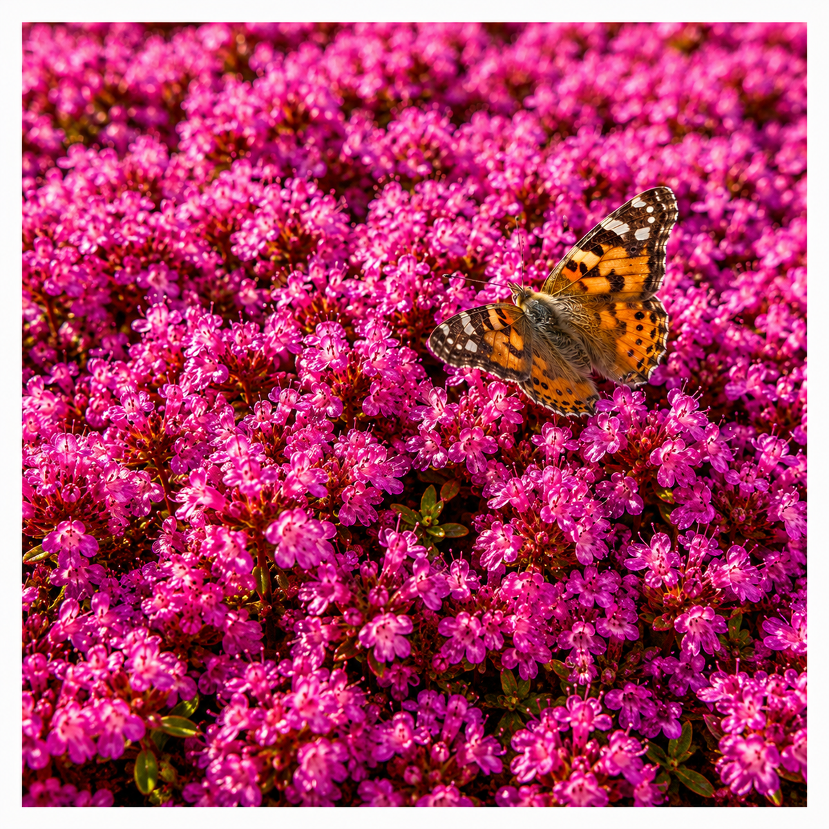 Distelfalter an den pinkfarbenen Blüten des Roten Polsterthymians