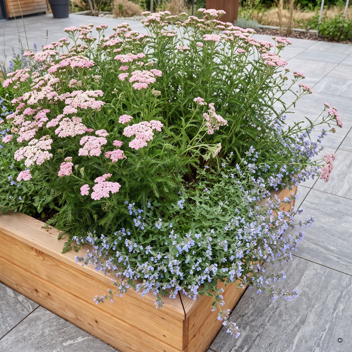 Schafgarbe 'Appleblossom' – zartrosa Blüten im Lärchen-Hochbeet auf der Terrasse
