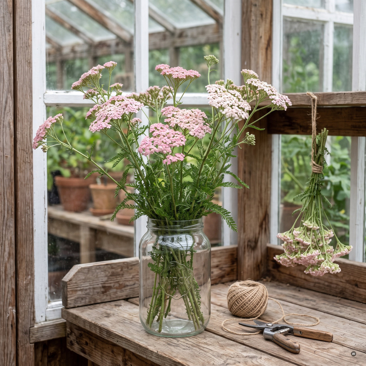 Schafgarbe 'Appleblossom' – Strauß im Weckglas und getrocknete Dolden im Gewächshaus