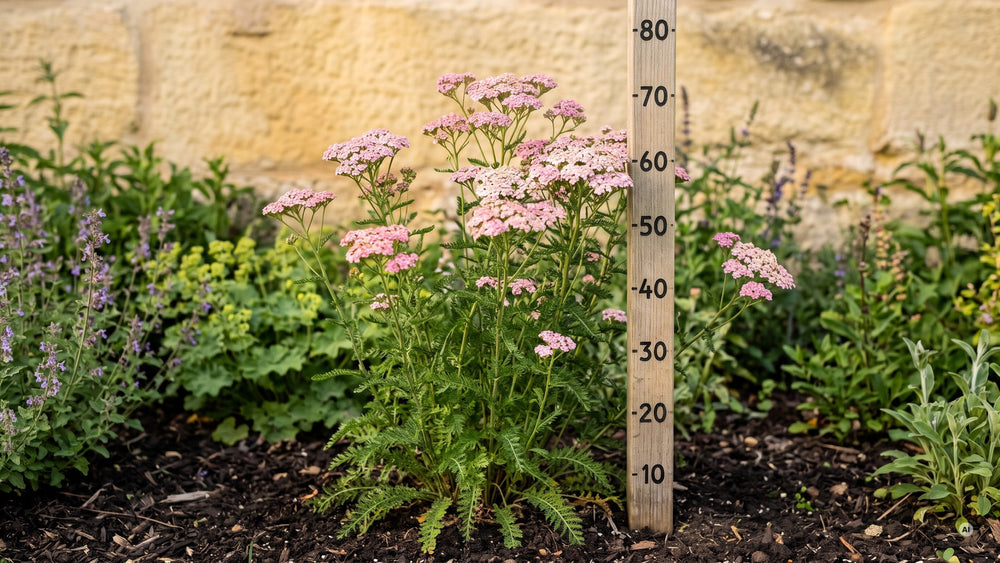 Blühende 'Appleblossom' neben einem Messpfahl, etwa 65 cm hoch