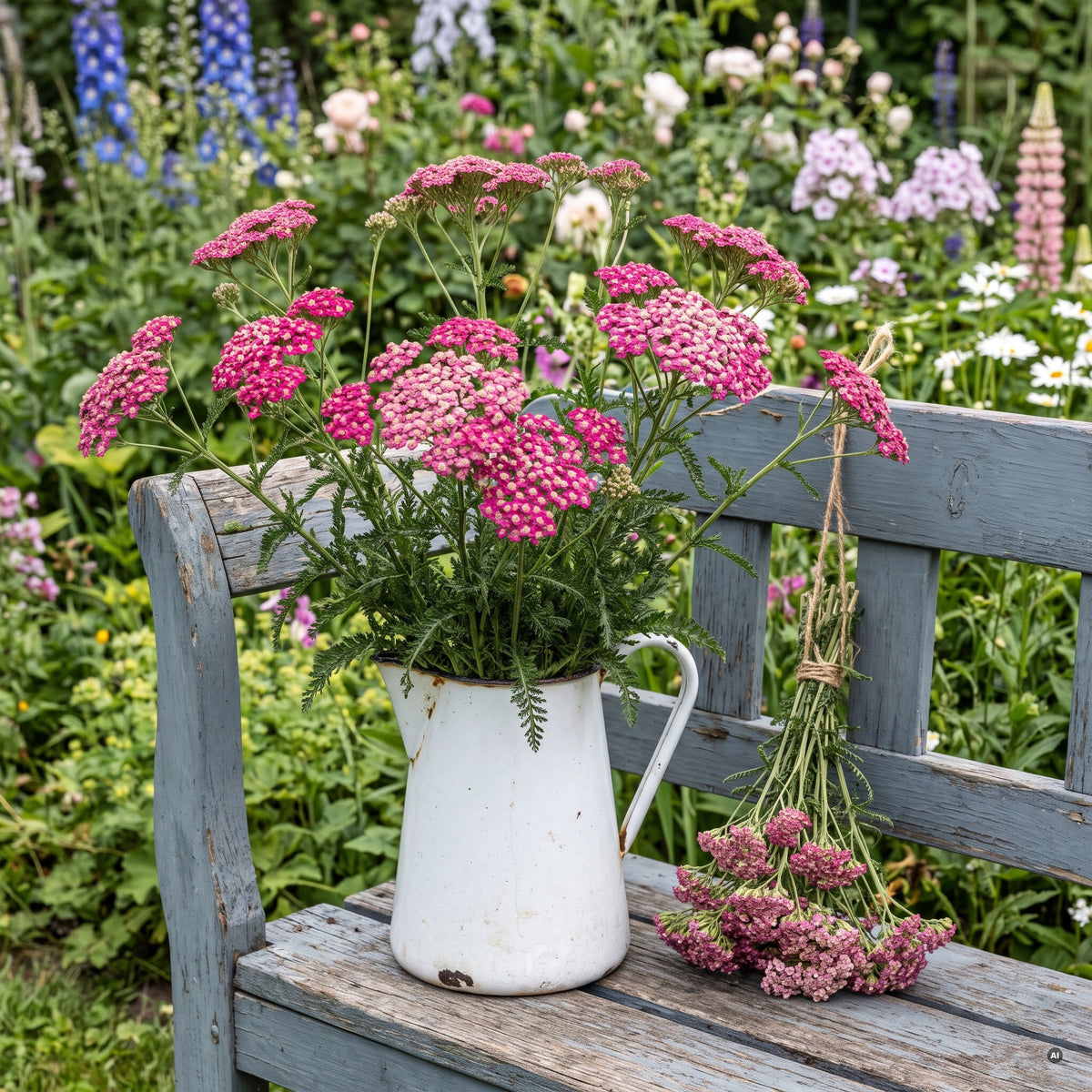 Schafgarbe 'Cerise Queen' – Strauß in der Emaillekanne und getrocknete Dolden auf der Gartenbank