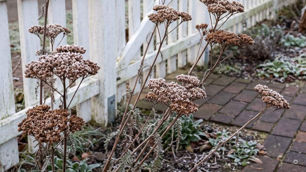 'Cerise Queen' im Winter: Samenstände mit Raureif am weißen Zaun