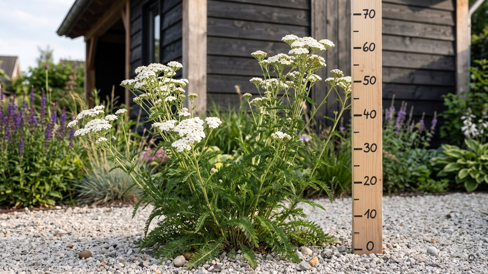Blühende 'Schneetaler' neben einem Messpfahl, etwa 60 cm hoch