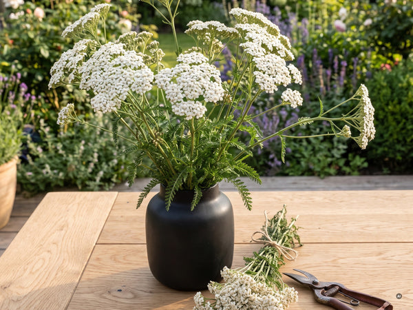 Strauß aus 'Schneetaler' in einer schwarzen Vase