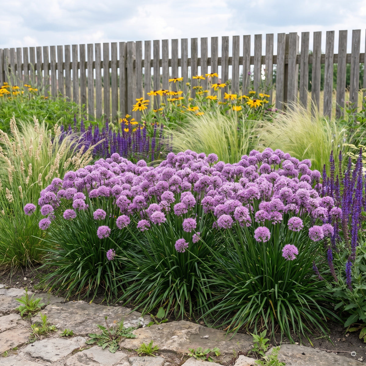 Band aus Allium 'Millenium' in der Präriepflanzung zwischen Lampenputzergras, Steppensalbei und Rudbeckia vor einem Holzlattenzaun