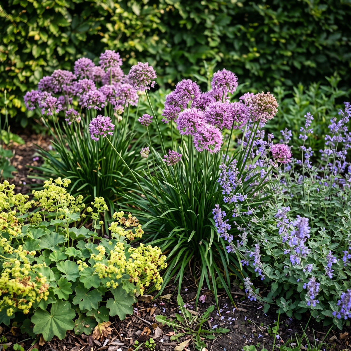 Allium 'Millenium' im Staudenbeet mit Katzenminze und Frauenmantel