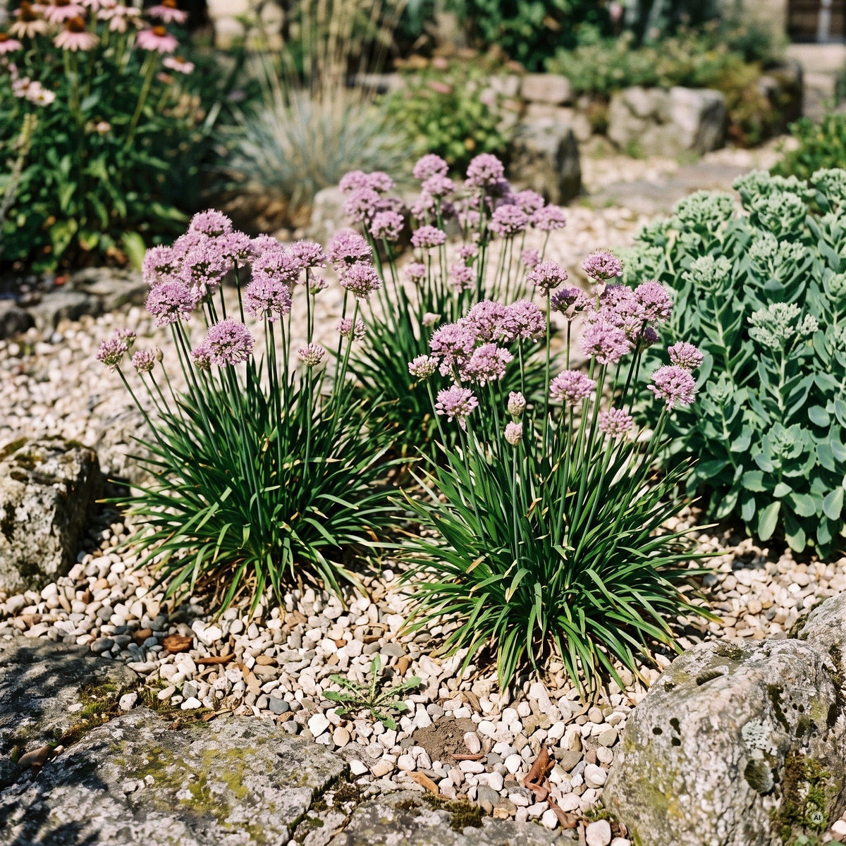 Drei Pflanzen Allium 'Millenium' im Kiesbeet zwischen Findlingen