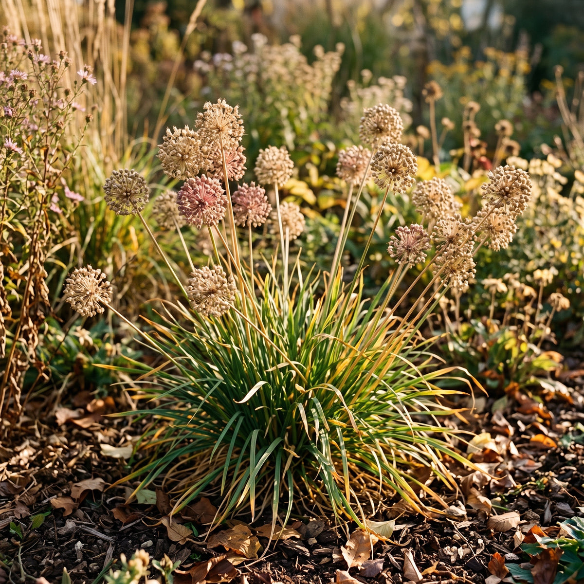 Abgeblühte Samenstände von Allium 'Millenium' im Oktober über noch grünem Laub