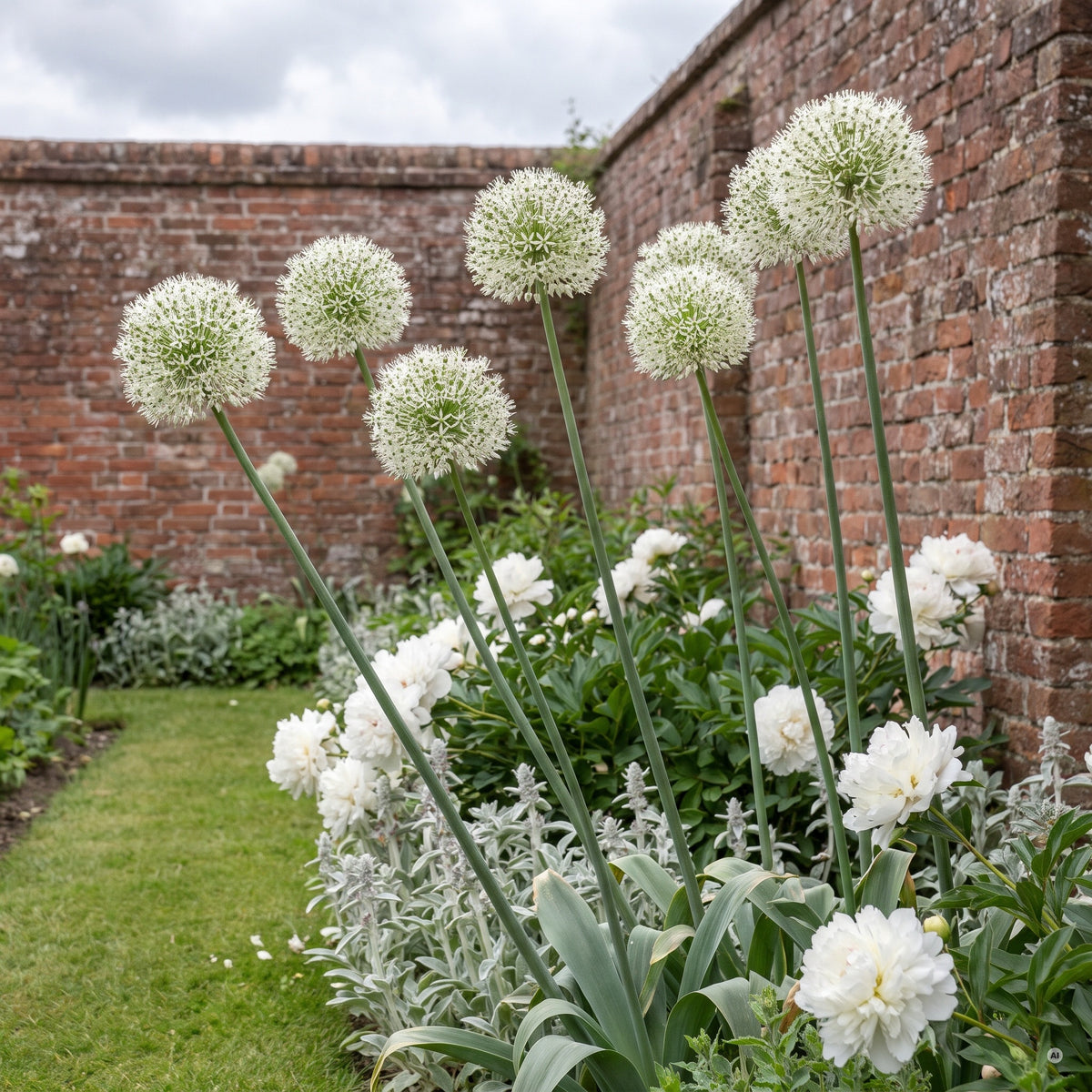 Allium 'Mount Everest' in einem weißen Garten vor einer Backsteinmauer mit weißen Pfingstrosen und Wollziest