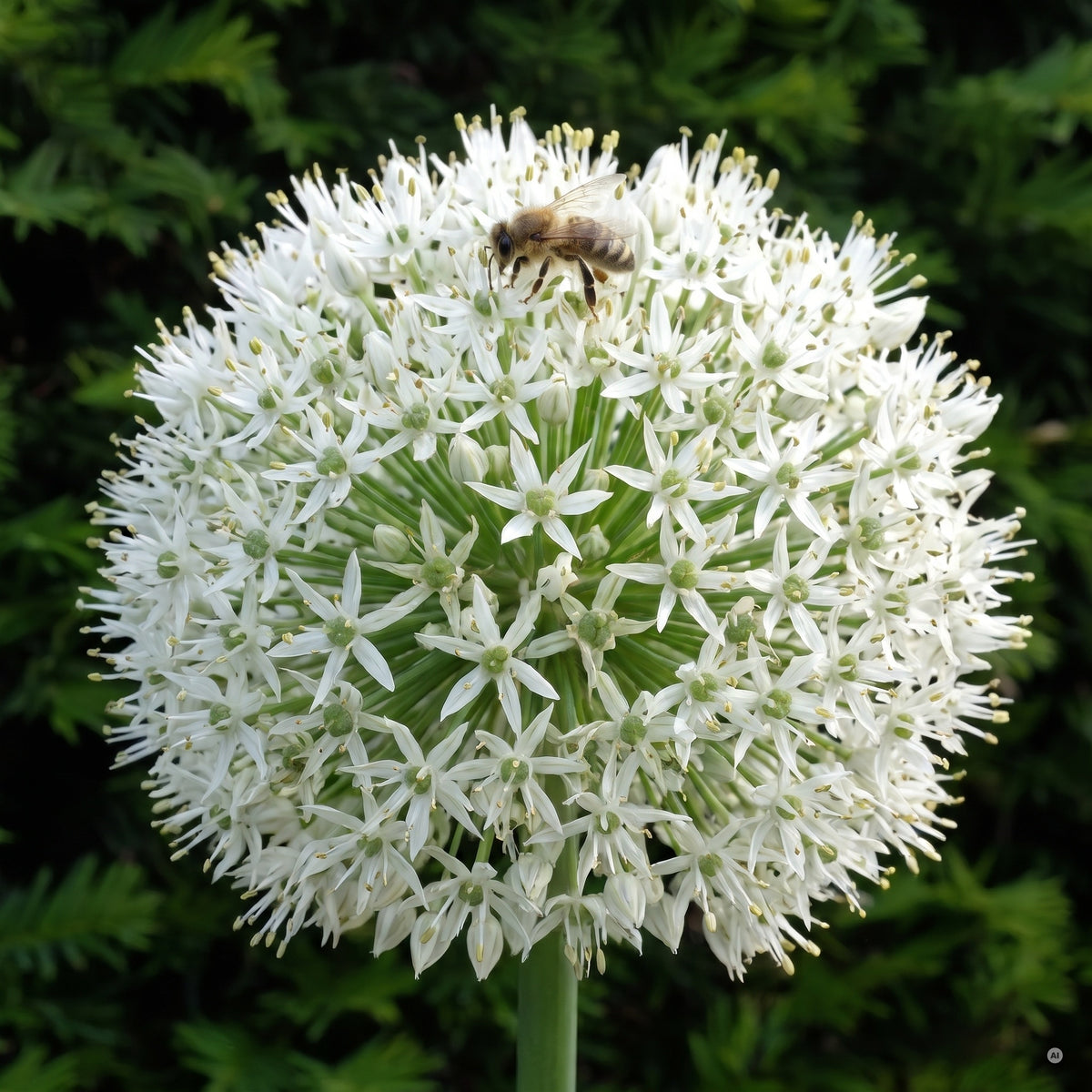 Nahaufnahme einer reinweißen Blütenkugel von Allium 'Mount Everest' aus vielen Sternblüten mit einer Honigbiene