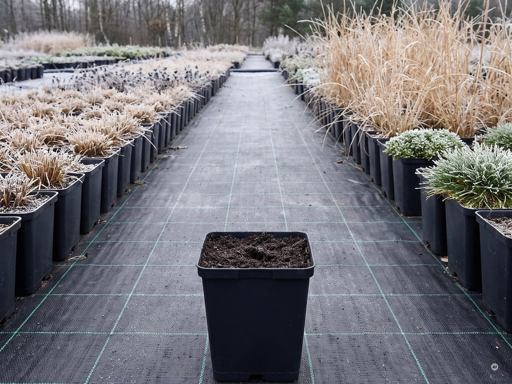 'Mount Everest' im eckigen 11 × 11 cm Topf im Freilandquartier im Winter: eingezogen, nur Erde