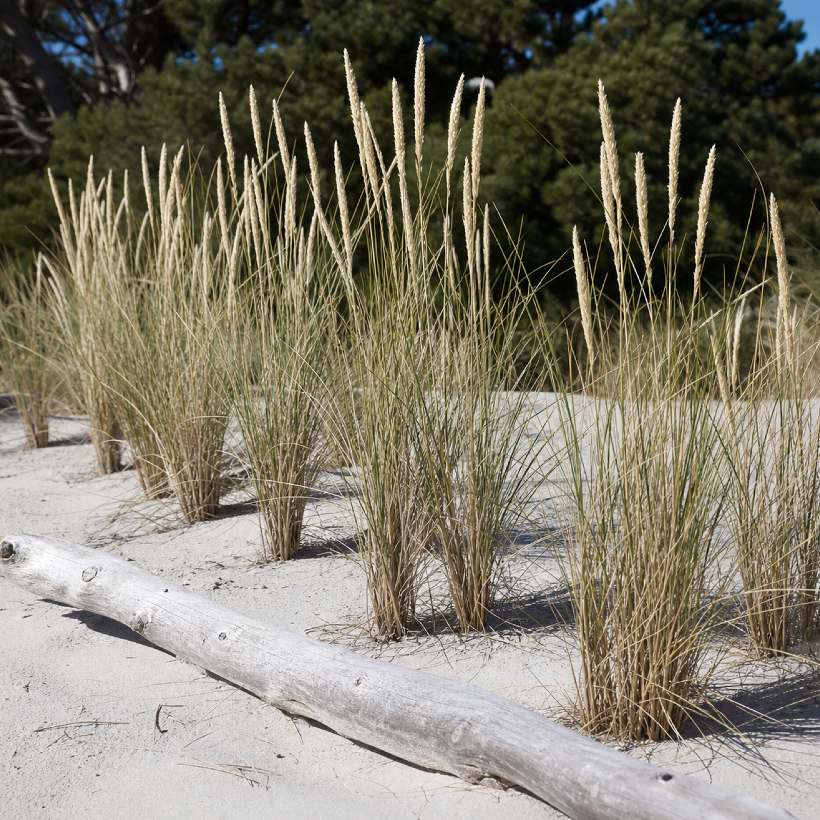 Strandhafer-Horste im Sand neben einem Treibholzstamm