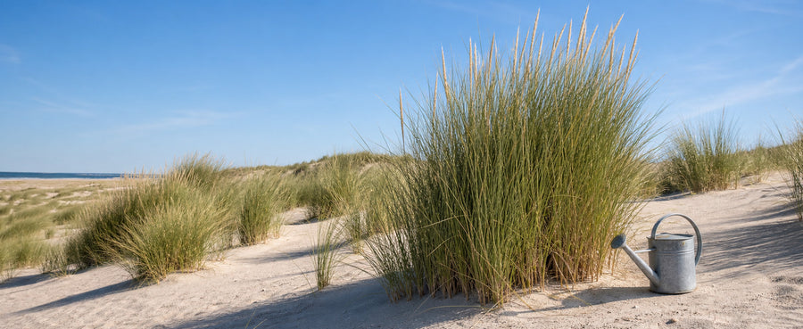 Vitaler Strandhafer auf trockenem Sand in praller Sonne, daneben eine unbenutzte Gießkanne