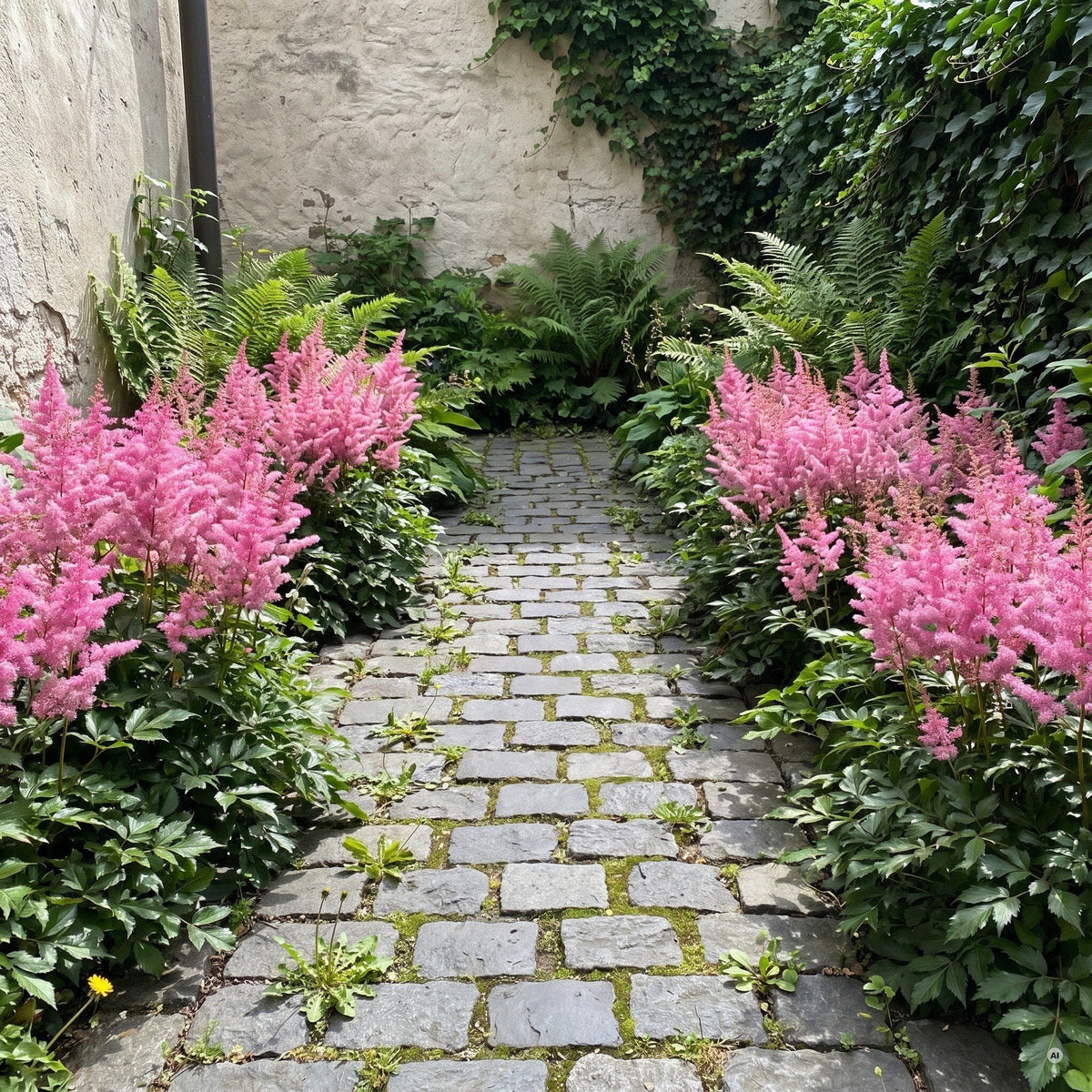 Weg aus grauem Basaltpflaster im Innenhof, gesäumt von blühender 'Astary Rose', Farnen und Efeu