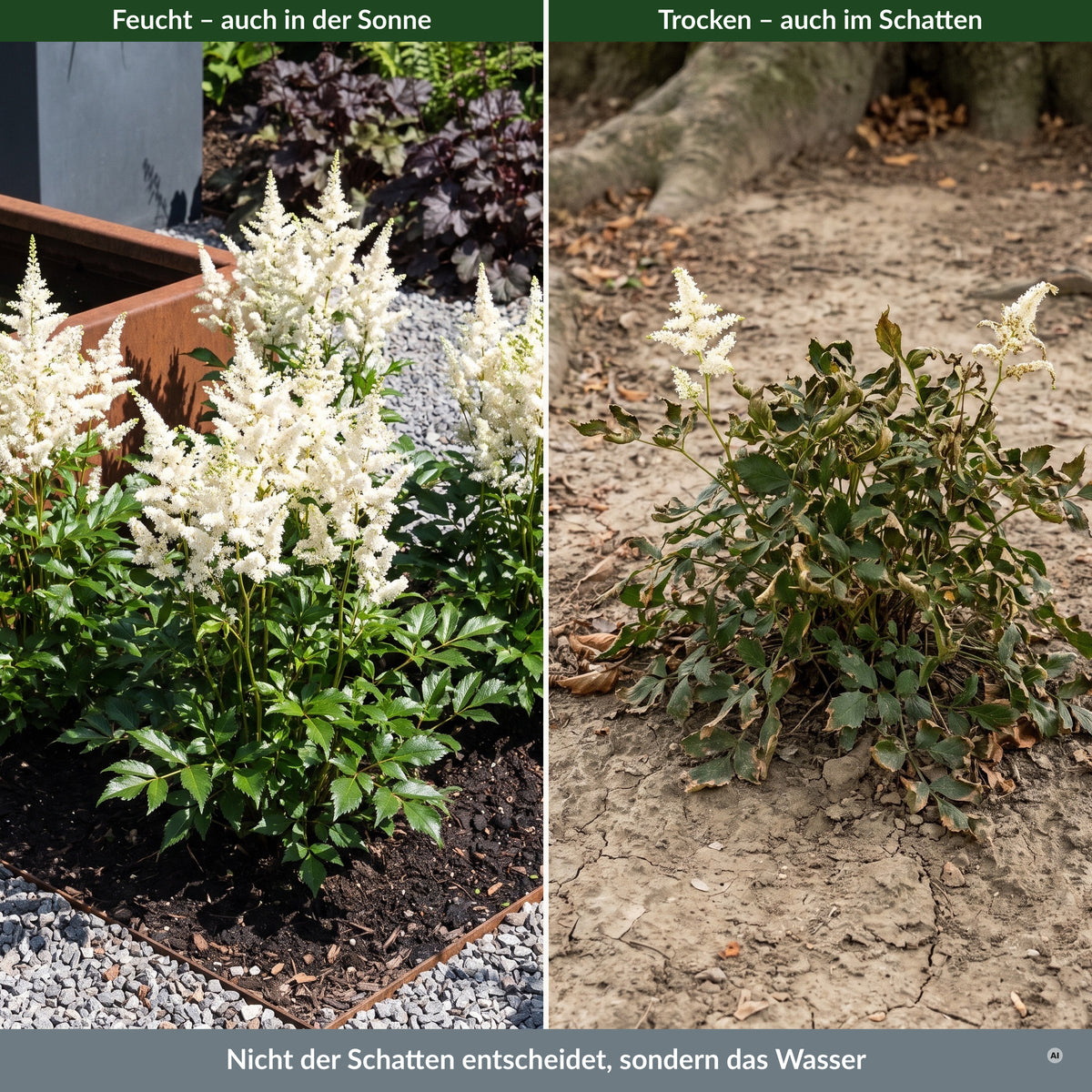 Links 'Astary White' am feuchten Wasserrand in der Sonne, rechts geschwächt im trockenen Schatten unter einer Buche