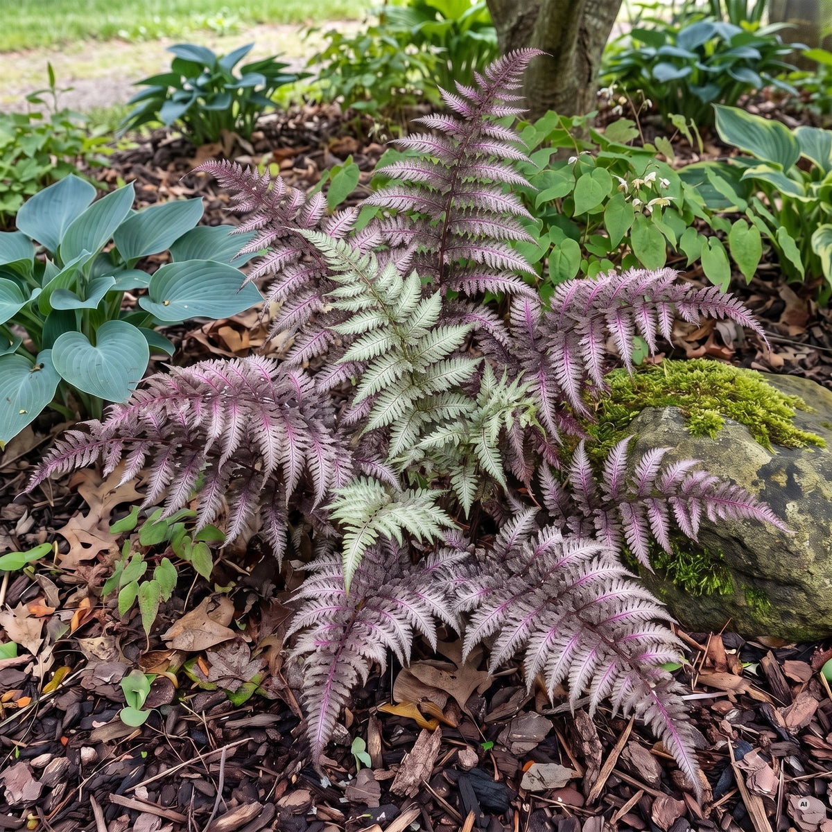 Regenbogenfarn Athyrium niponicum 'Burgundy Lace' mit silbrig-weinroten Wedeln im Schattenbeet unter einem Ahorn, daneben Funkien
