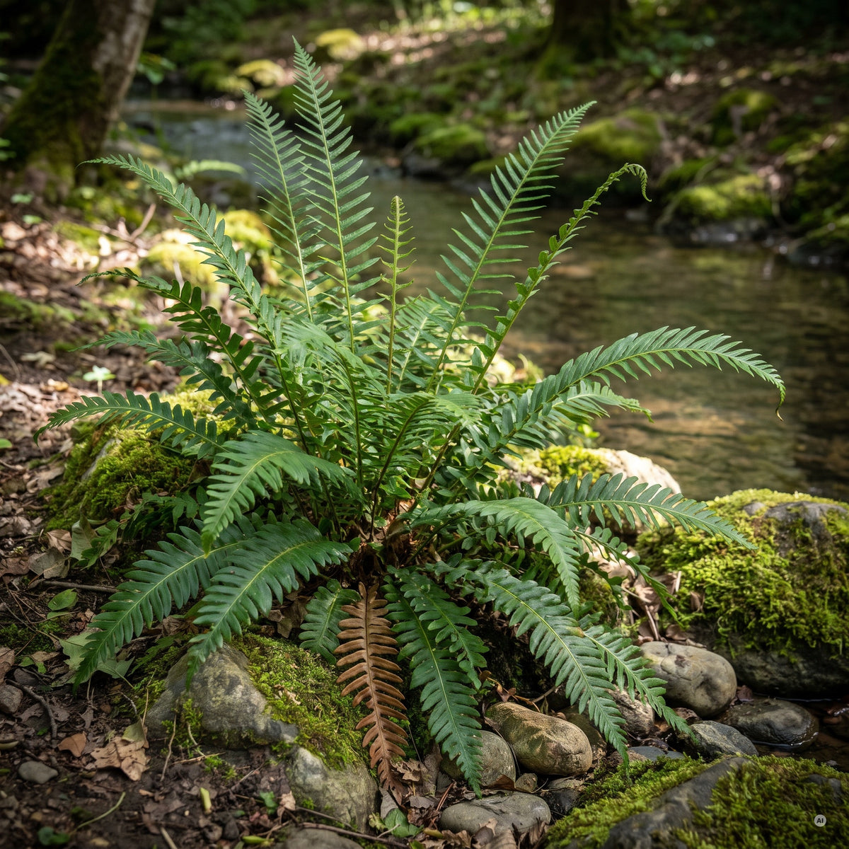 Rippenfarn Blechnum spicant am schattigen Bachrand zwischen bemoosten Steinen