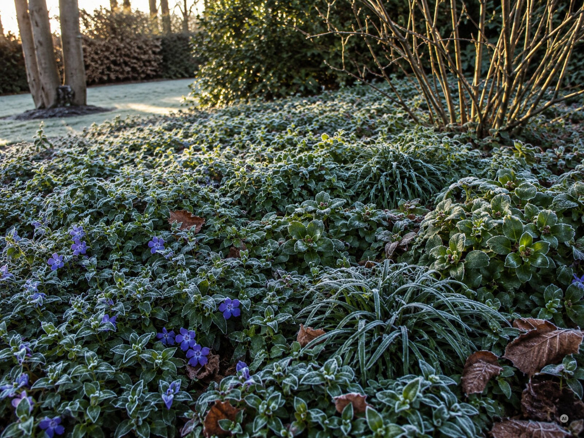 Immergrüner Bodendeckerteppich im Winter mit Raureif auf den Blättern