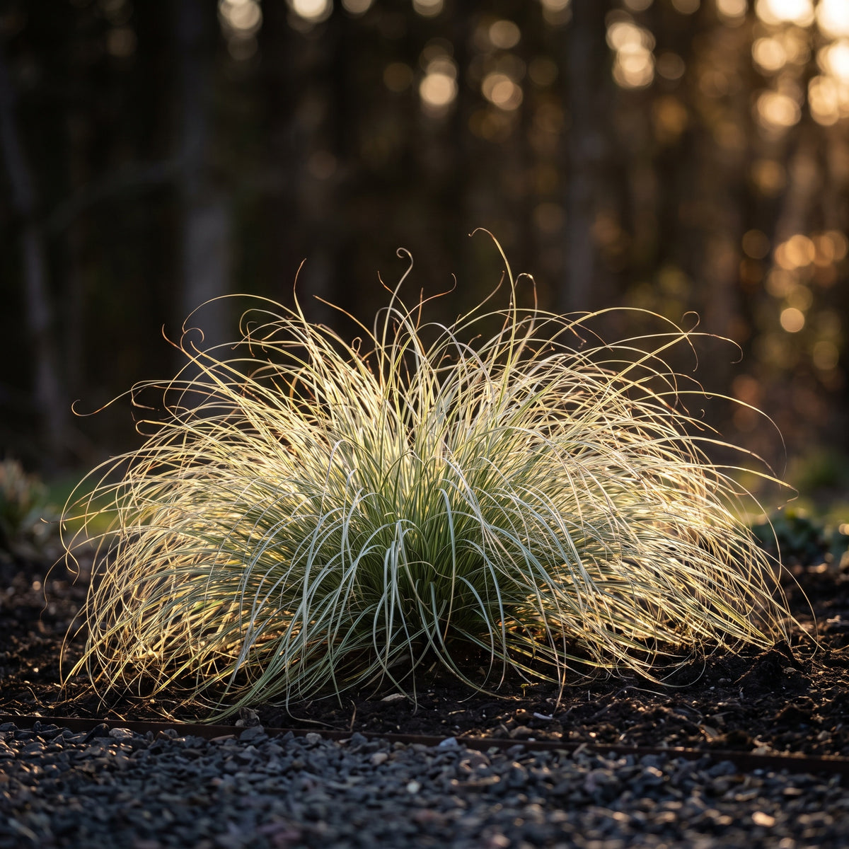 Carex comans 'Amazon Mist' im Gegenlicht der Abendsonne, die feinen Halme leuchten auf