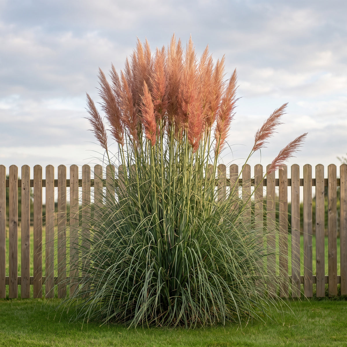 Rosa Pampasgras Cortaderia selloana 'Rosea' von Stauden Gänge als Solitär im Rasen, zartrosa Wedel über einem 1,50 m hohen Holzzaun.
